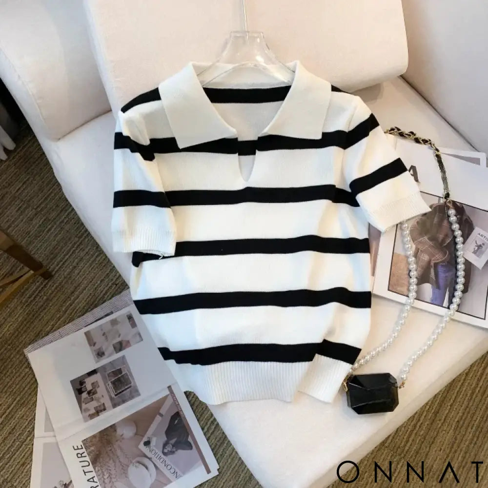 2024 New Striped Pattern Collared Sweater Versatile Short Sleeve Knitted Top For Spring & Summer Women’s Clothing Crop