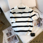 2024 New Striped Pattern Collared Sweater Versatile Short Sleeve Knitted Top For Spring & Summer Women’s Clothing Crop
