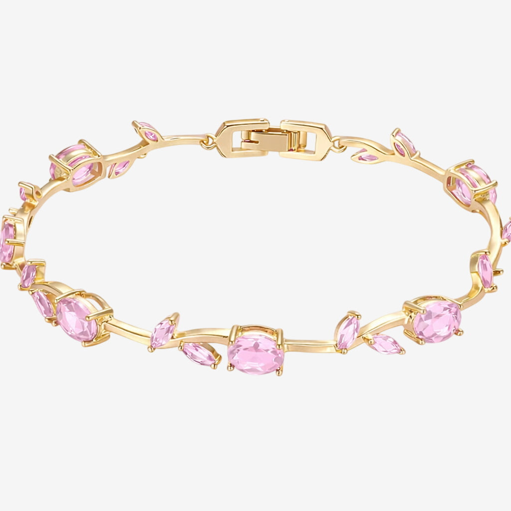Pulseira Flora Pink com Flores e Zircônias Banhada em Ouro 18K