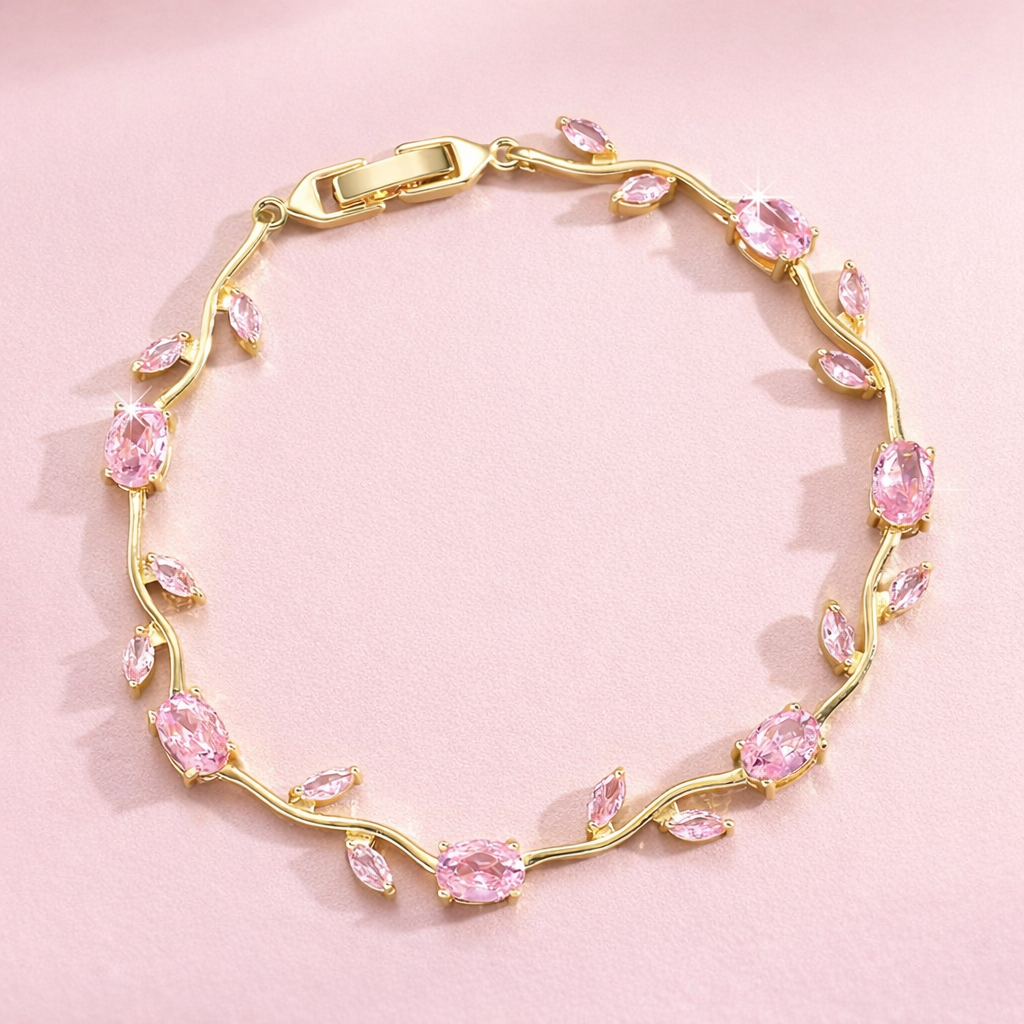 Pulseira Flora Pink com Flores e Zircônias Banhada em Ouro 18K