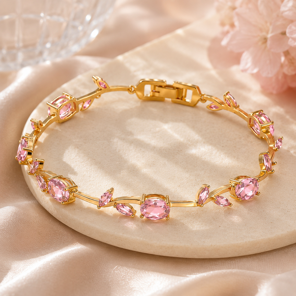 Pulseira Flora Pink com Flores e Zircônias Banhada em Ouro 18K