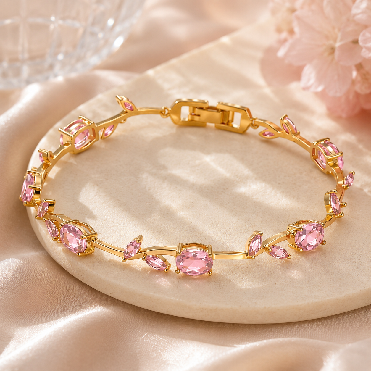Pulseira Flora Pink com Flores e Zircônias Banhada em Ouro 18K