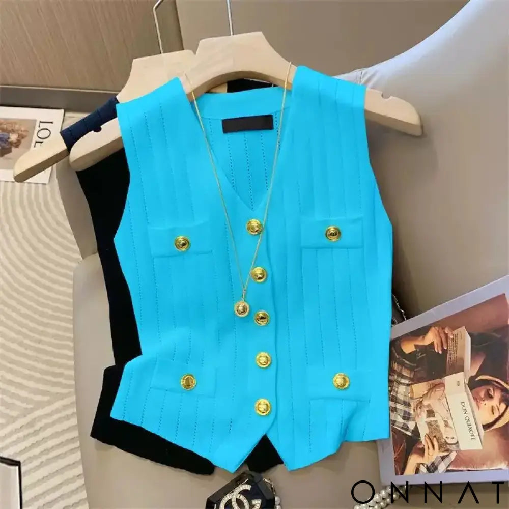 French Elegant V-Neck Ice Silk Knitted Simple Vest Women’s 2024 Summer New Chic Button Slim Sleeveless Commuter Top