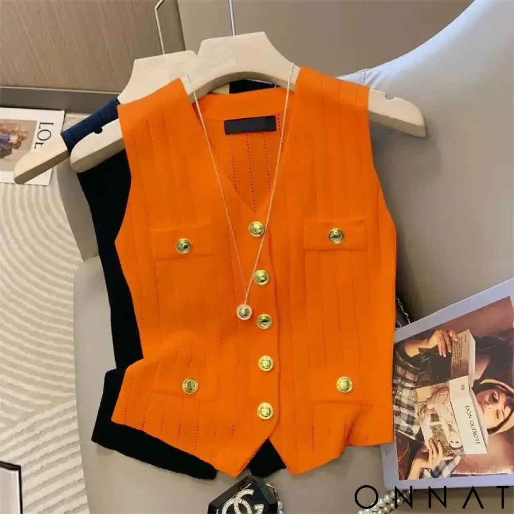 French Elegant V-Neck Ice Silk Knitted Simple Vest Women’s 2024 Summer New Chic Button Slim Sleeveless Commuter Top