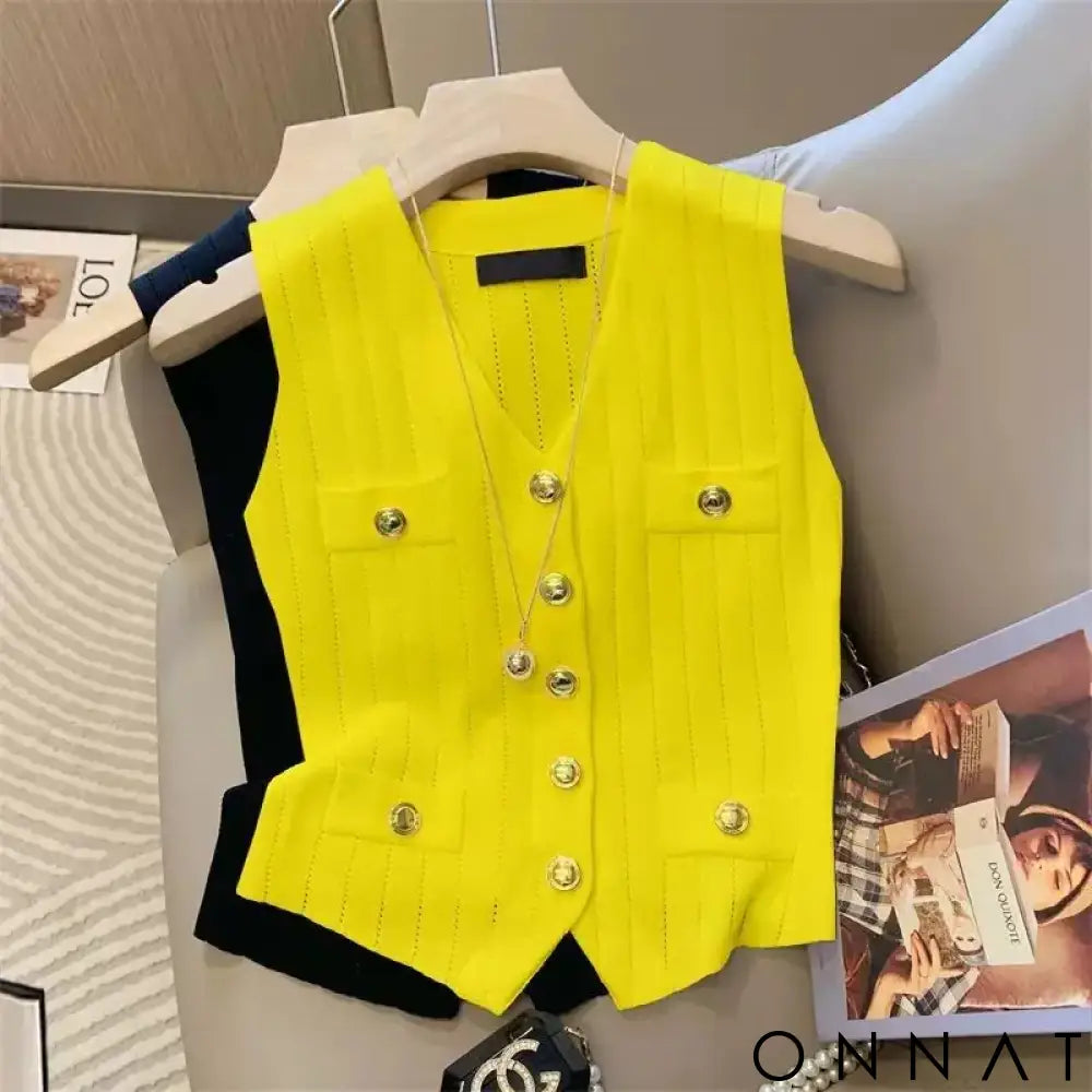French Elegant V-Neck Ice Silk Knitted Simple Vest Women’s 2024 Summer New Chic Button Slim Sleeveless Commuter Top