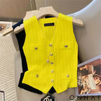 French Elegant V-Neck Ice Silk Knitted Simple Vest Women’s 2024 Summer New Chic Button Slim Sleeveless Commuter Top