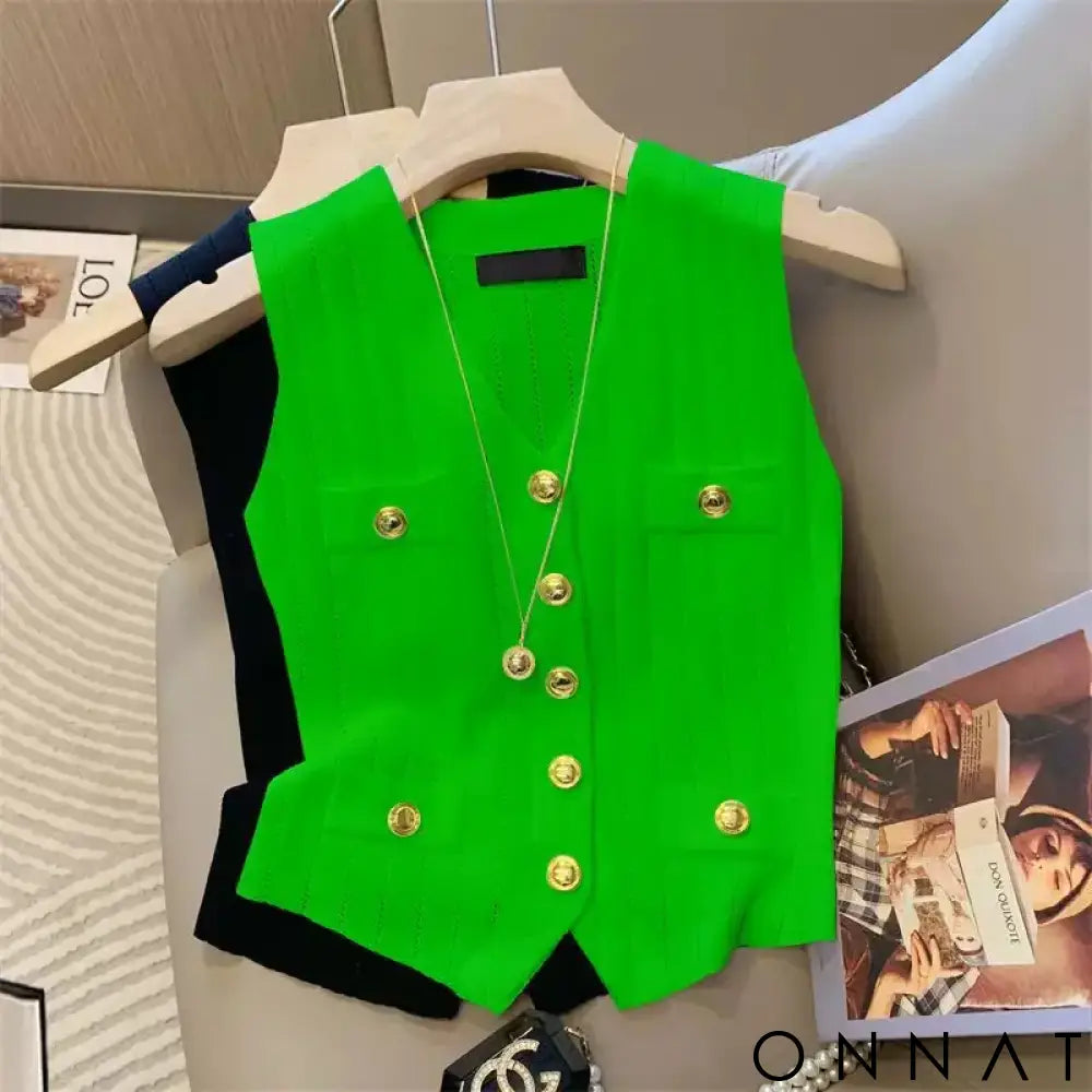 French Elegant V-Neck Ice Silk Knitted Simple Vest Women’s 2024 Summer New Chic Button Slim Sleeveless Commuter Top