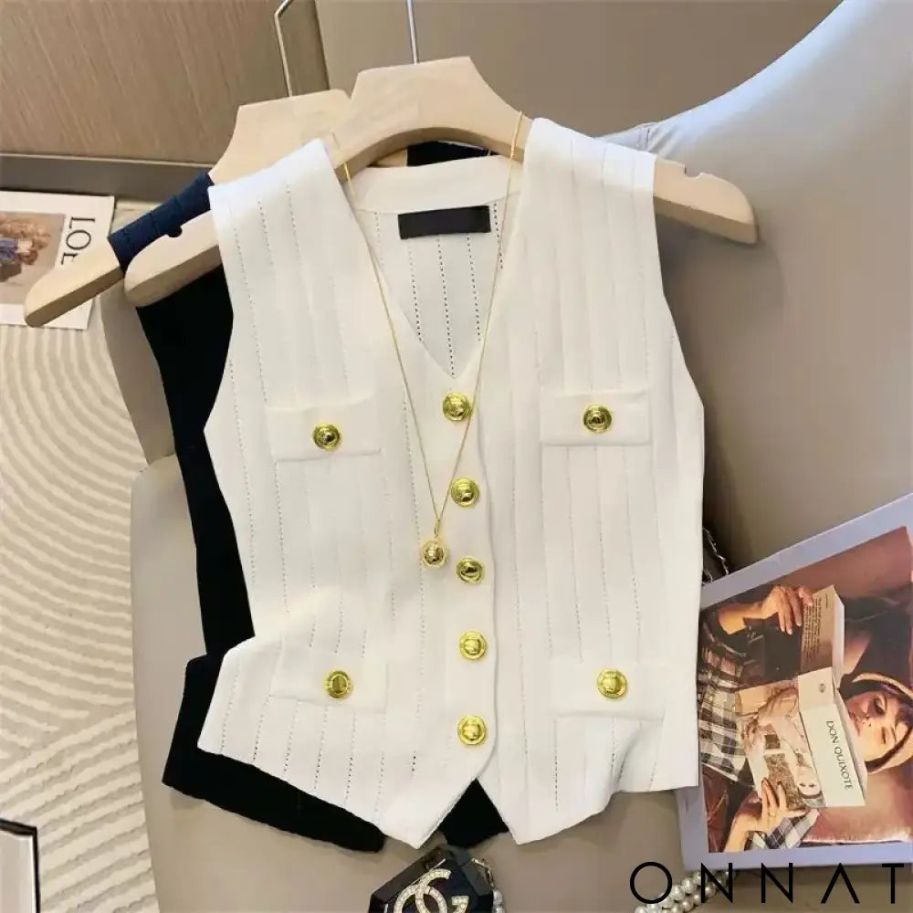 French Elegant V-Neck Ice Silk Knitted Simple Vest Women’s 2024 Summer New Chic Button Slim Sleeveless Commuter Top