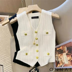 French Elegant V-Neck Ice Silk Knitted Simple Vest Women’s 2024 Summer New Chic Button Slim Sleeveless Commuter Top