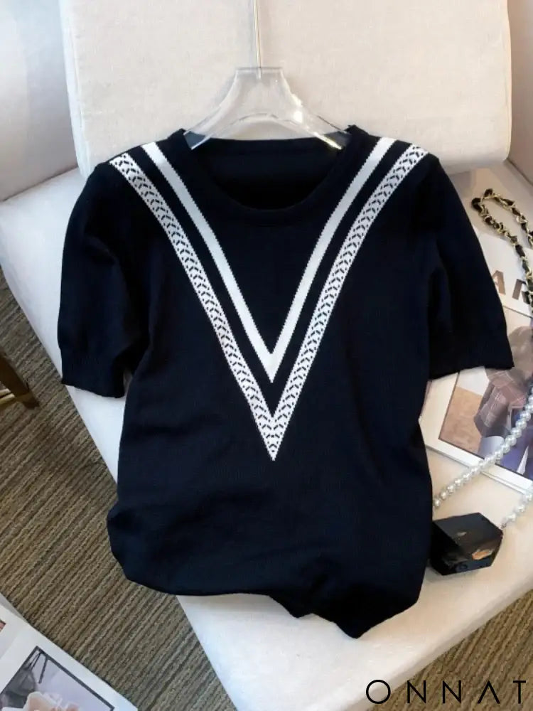 2024 New Summer Color Block Crew Neck Knitted Sweater Crop Top Casual Short Sleeve Top For Spring & Summer Women’s