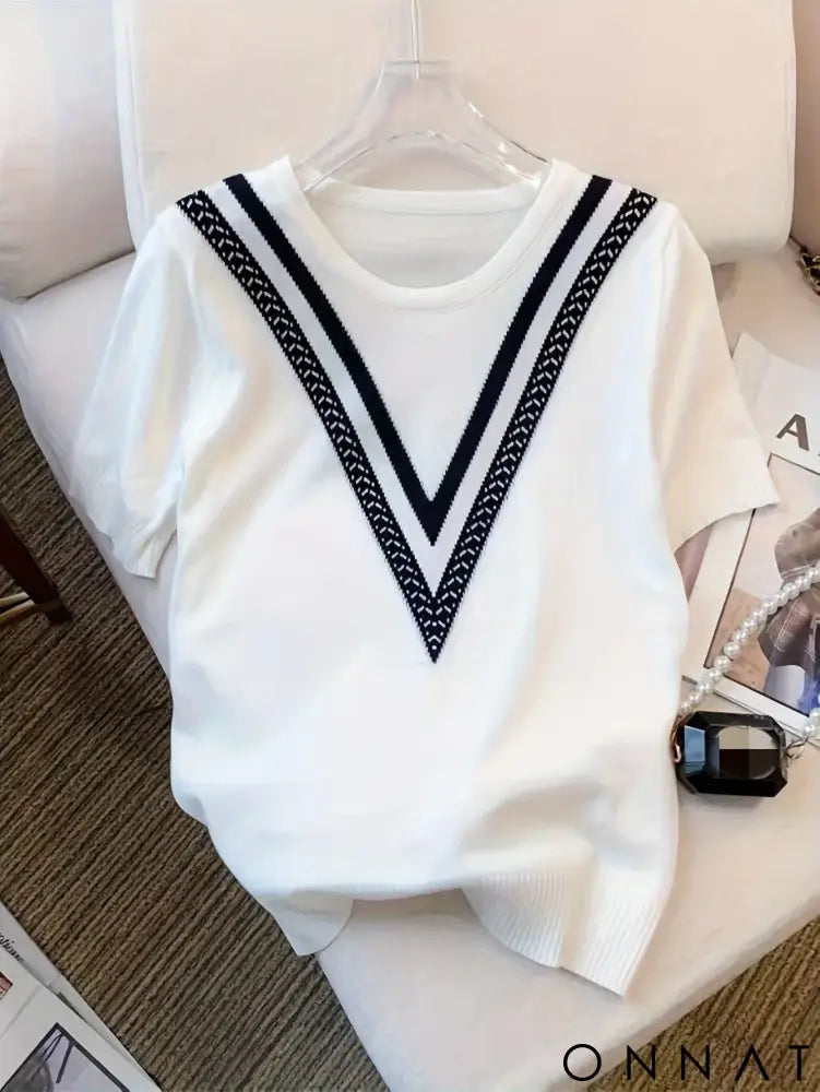 2024 New Summer Color Block Crew Neck Knitted Sweater Crop Top Casual Short Sleeve Top For Spring & Summer Women’s