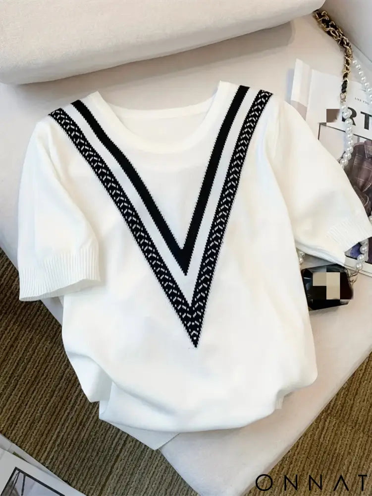 2024 New Summer Color Block Crew Neck Knitted Sweater Crop Top Casual Short Sleeve Top For Spring & Summer Women’s