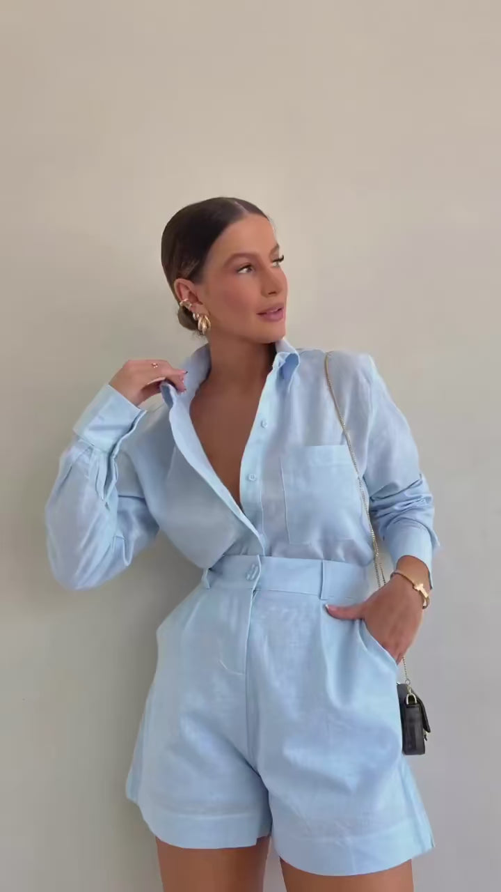 Onnat Conjunto Feminino Casual | Camisa de Botão Manga Longa + Shorts com Bolsos Conforto Verão Bege