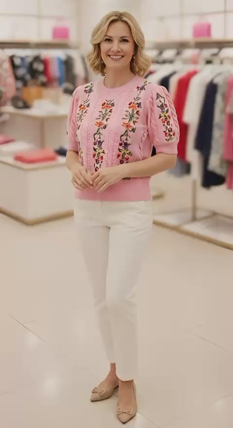 BloomCharm – Suéter Bordado com Mangas Retrô e Acabamento Vazado