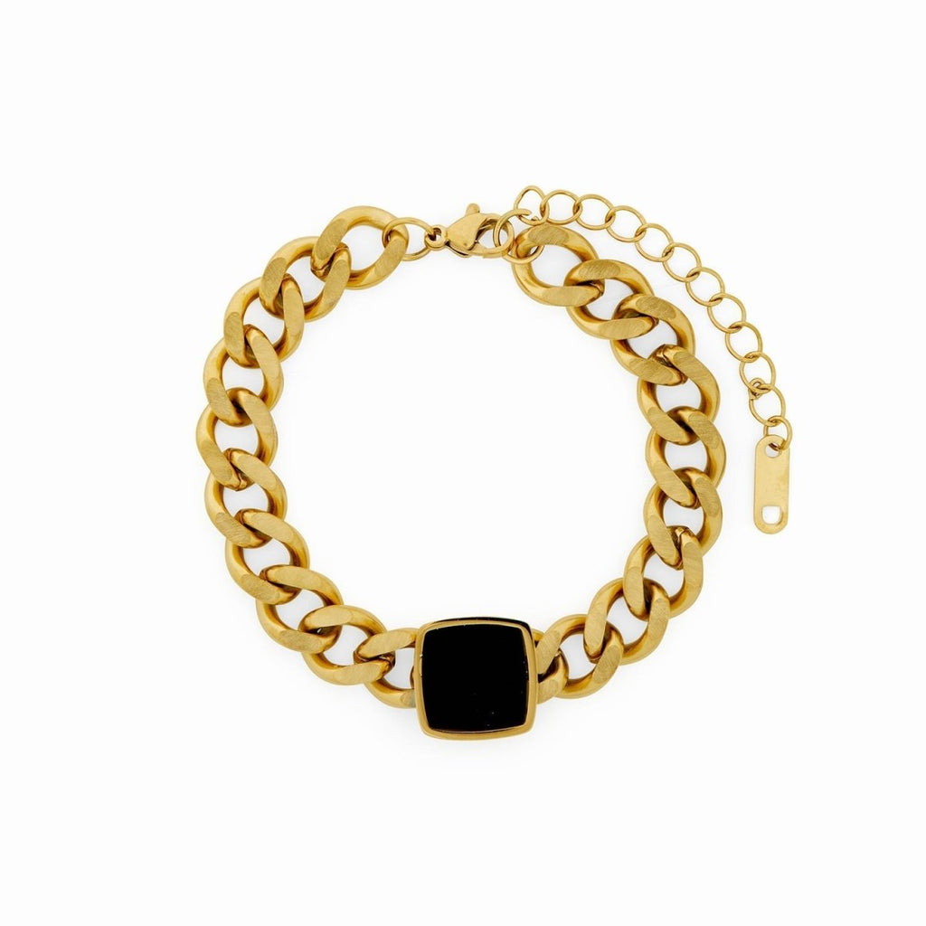 Pulseira Zanzibar de Corrente Pingente Ônix Banhado em Ouro 18K