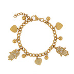 Pulseira Toscana Elos Pingente Coração e Hamsá Banhada em Ouro 18K