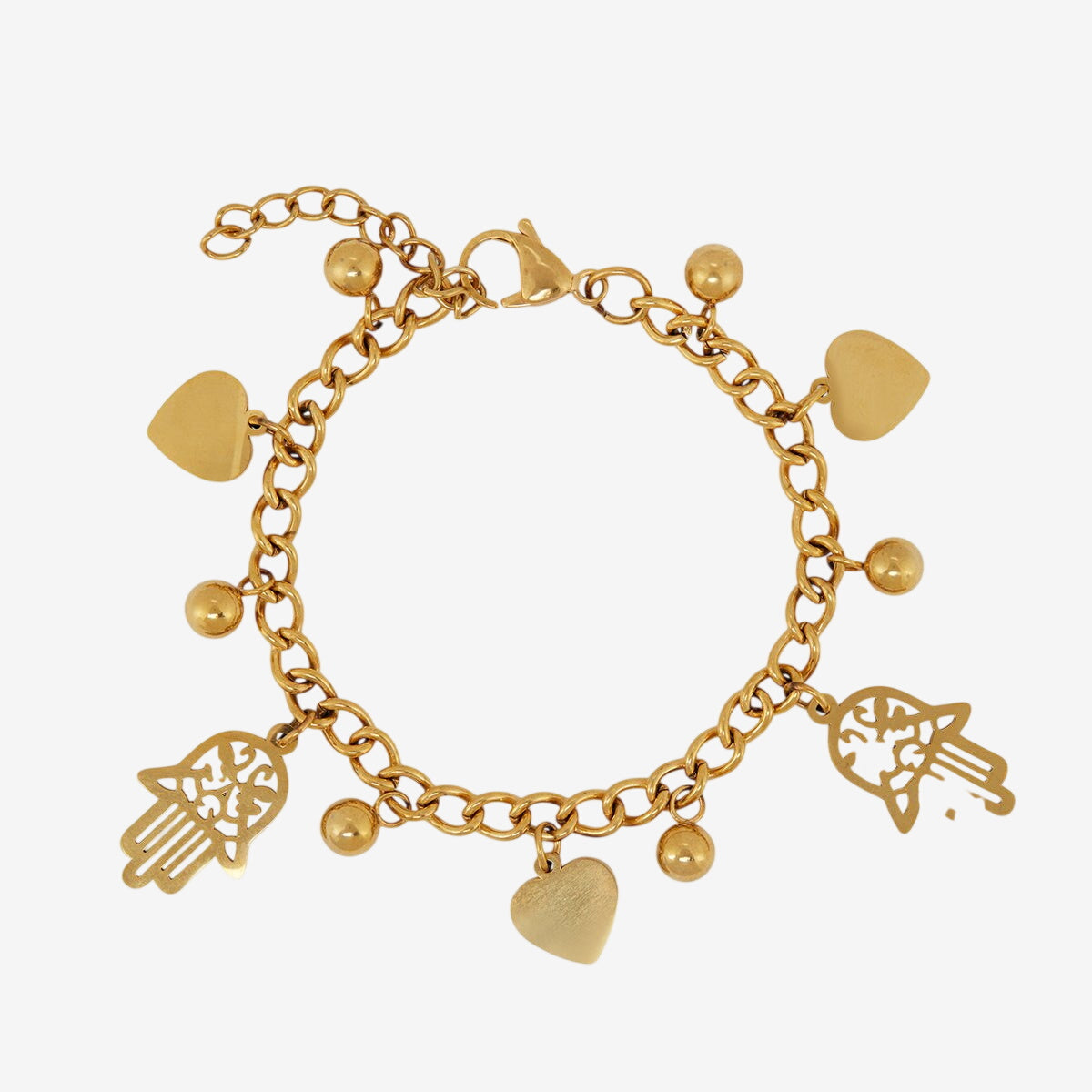 Pulseira Toscana Elos Pingente Coração e Hamsá Banhada em Ouro 18K