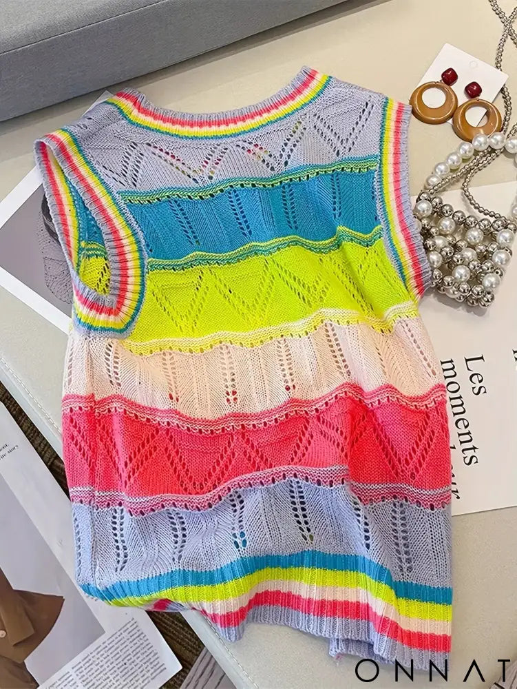 2024 Women’s Rainbow Striped Knit Top SleevelessCasual Crew Neck Hollow Out Design Crop Top Vest raibow / One Size