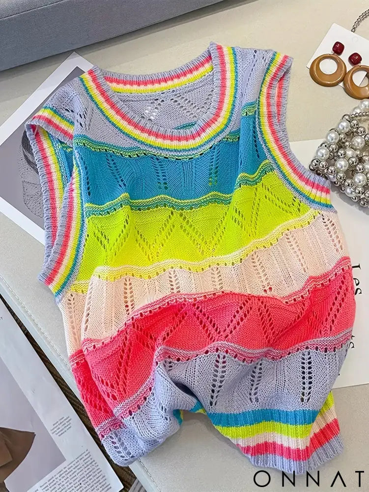 2024 Women’s Rainbow Striped Knit Top SleevelessCasual Crew Neck Hollow Out Design Crop Top Vest raibow / One Size
