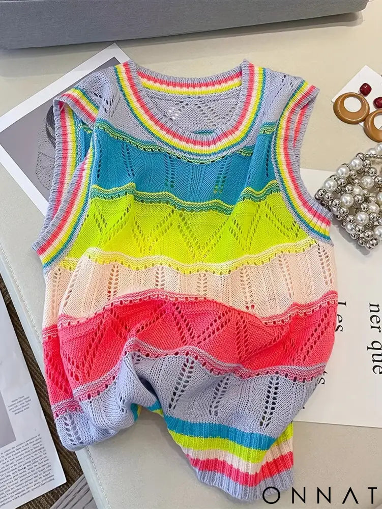 2024 Women’s Rainbow Striped Knit Top SleevelessCasual Crew Neck Hollow Out Design Crop Top Vest raibow / One Size