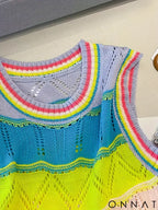 2024 Women’s Rainbow Striped Knit Top SleevelessCasual Crew Neck Hollow Out Design Crop Top Vest raibow / One Size