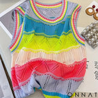 2024 Women’s Rainbow Striped Knit Top SleevelessCasual Crew Neck Hollow Out Design Crop Top Vest raibow / One Size