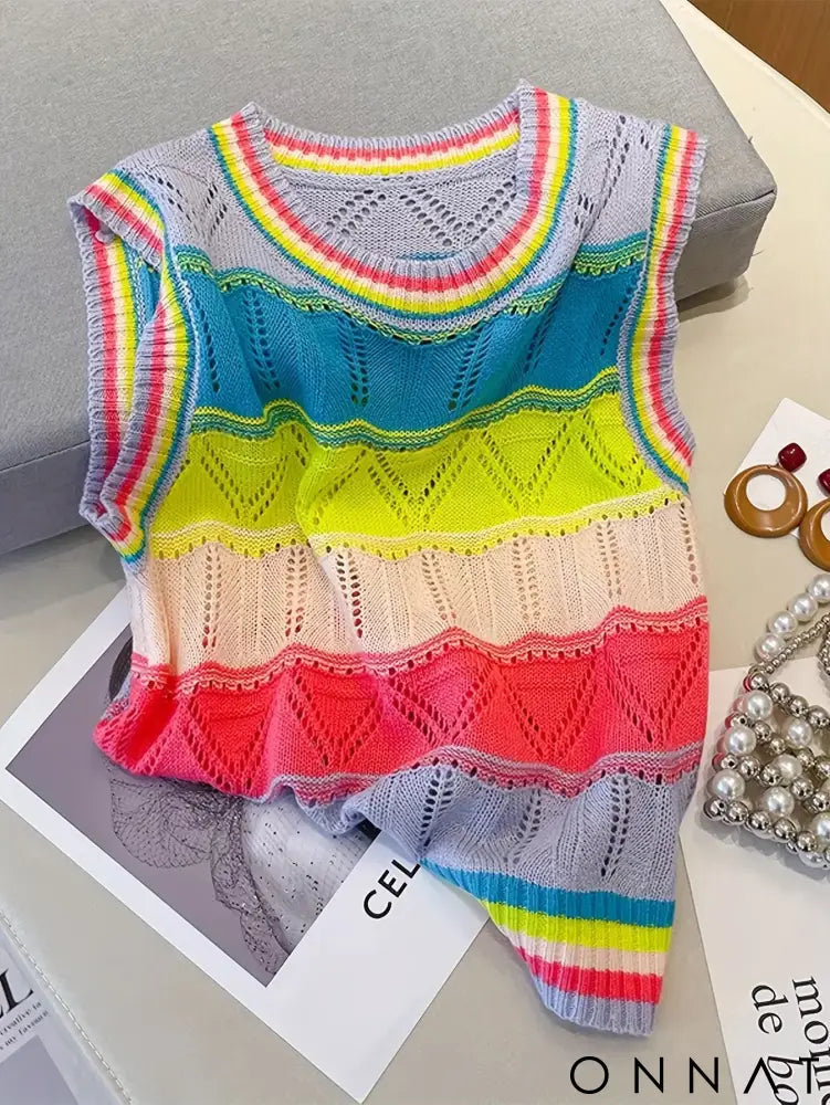 2024 Women’s Rainbow Striped Knit Top SleevelessCasual Crew Neck Hollow Out Design Crop Top Vest raibow / One Size