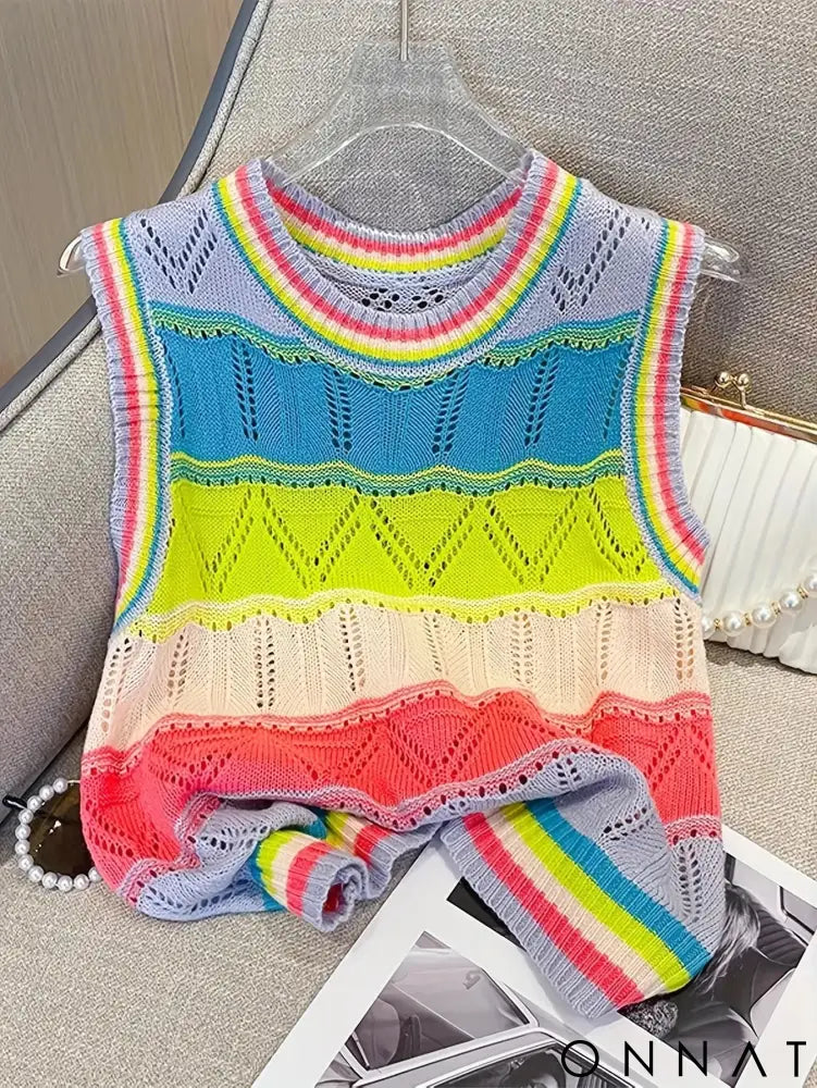 2024 Women’s Rainbow Striped Knit Top SleevelessCasual Crew Neck Hollow Out Design Crop Top Vest raibow / One Size