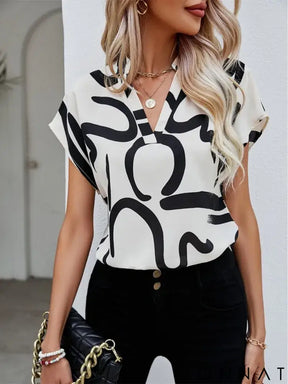 Women Summer Simple Style Blouses Shirts Lady Casual Short Batwing Sleeve V-Neck Printed Blouse Tops