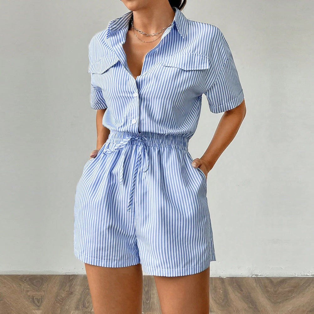 Azure Elegance – Macacão Casual com Listras e Cintura Ajustável