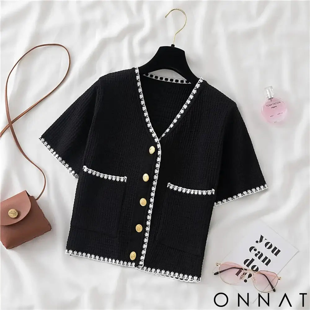 Summer Women New Solid V-Neck Casual Crop Top Single-breasted Pocket Patchwork Cardigan Versatile Loose Short Sleeve