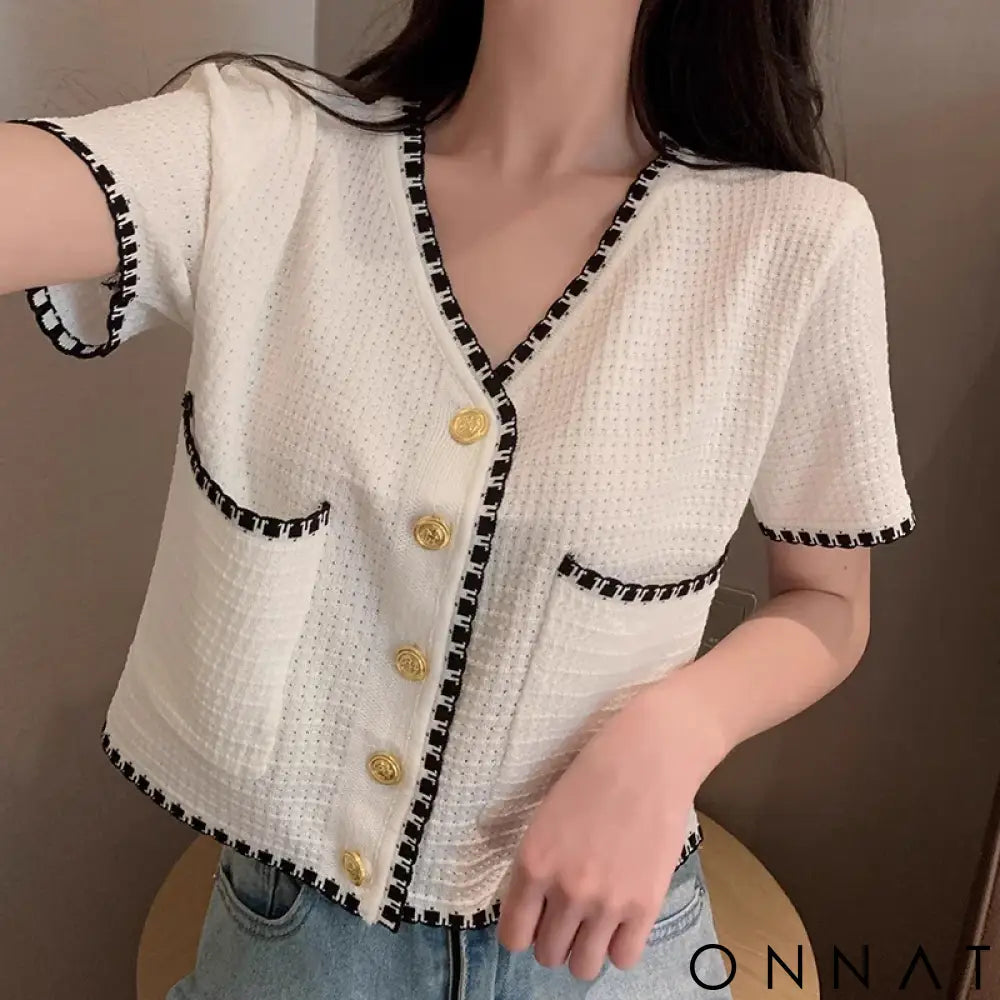 Summer Women New Solid V-Neck Casual Crop Top Single-breasted Pocket Patchwork Cardigan Versatile Loose Short Sleeve