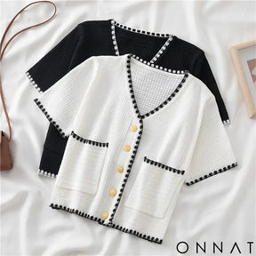 Summer Women New Solid V-Neck Casual Crop Top Single-breasted Pocket Patchwork Cardigan Versatile Loose Short Sleeve