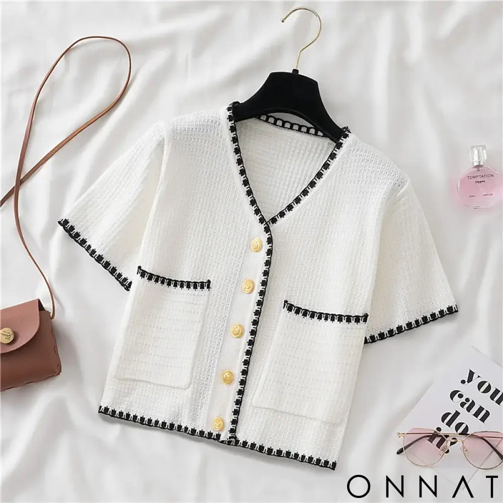 Summer Women New Solid V-Neck Casual Crop Top Single-breasted Pocket Patchwork Cardigan Versatile Loose Short Sleeve