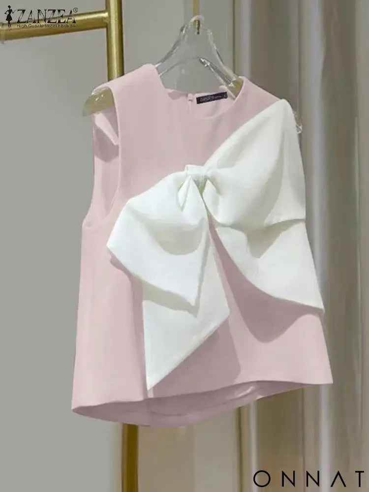 ZANZEA Summer Chic Sleeveless O-neck Tops Korean Sweety Bow Tie Tanks 2024 Beach Patchwork Tank Tops Women Solid O-neck