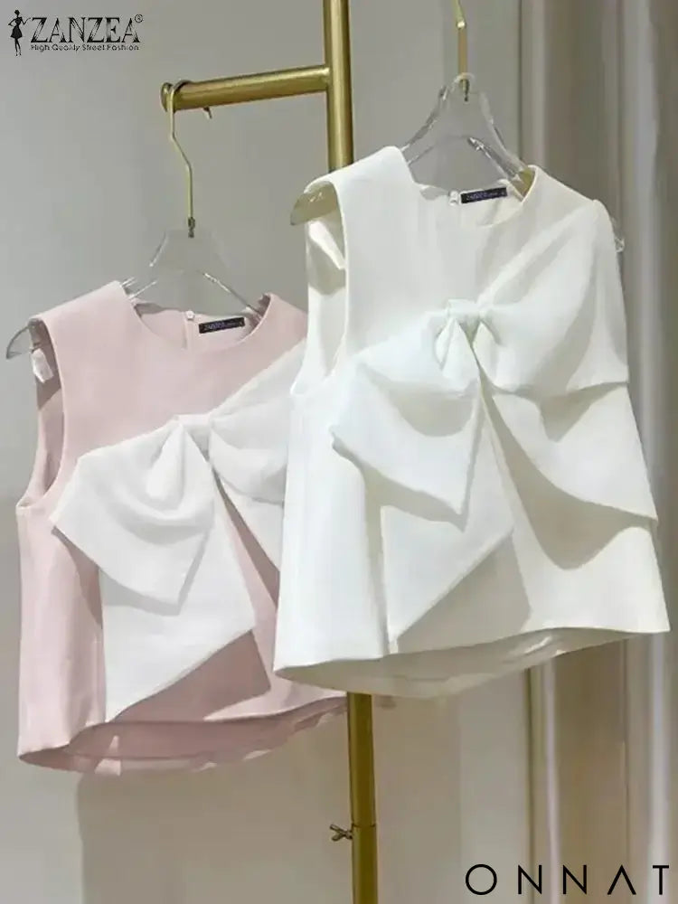 ZANZEA Summer Chic Sleeveless O-neck Tops Korean Sweety Bow Tie Tanks 2024 Beach Patchwork Tank Tops Women Solid O-neck