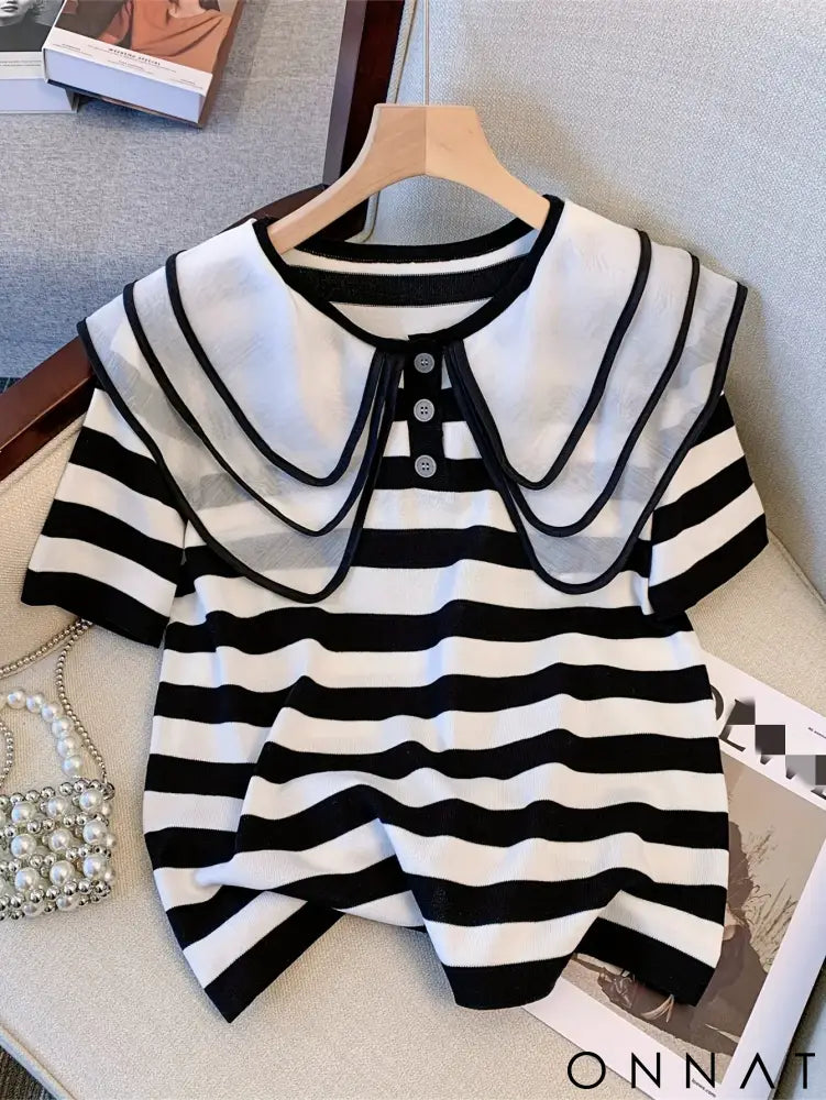 2024 New Striped Pattern Doll Collar Knitted Pullover Cute Short Sleeve Crew Neck Button Front Sweater Women’s Clothing