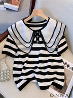 2024 New Striped Pattern Doll Collar Knitted Pullover Cute Short Sleeve Crew Neck Button Front Sweater Women’s Clothing