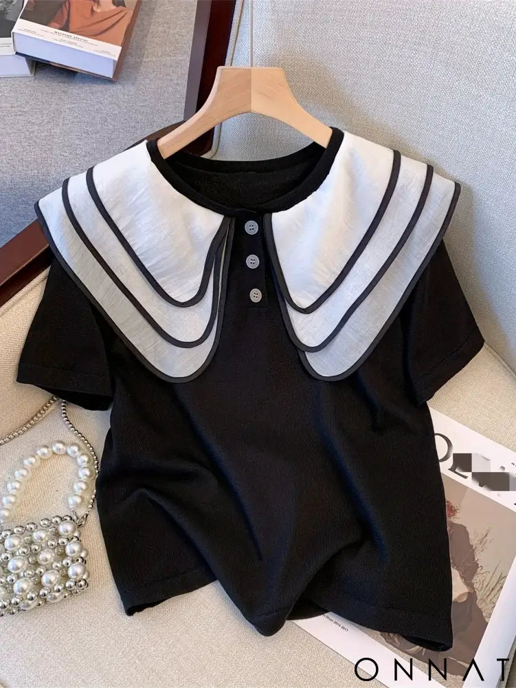 2024 New Striped Pattern Doll Collar Knitted Pullover Cute Short Sleeve Crew Neck Button Front Sweater Women’s Clothing