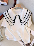 2024 New Striped Pattern Doll Collar Knitted Pullover Cute Short Sleeve Crew Neck Button Front Sweater Women’s Clothing