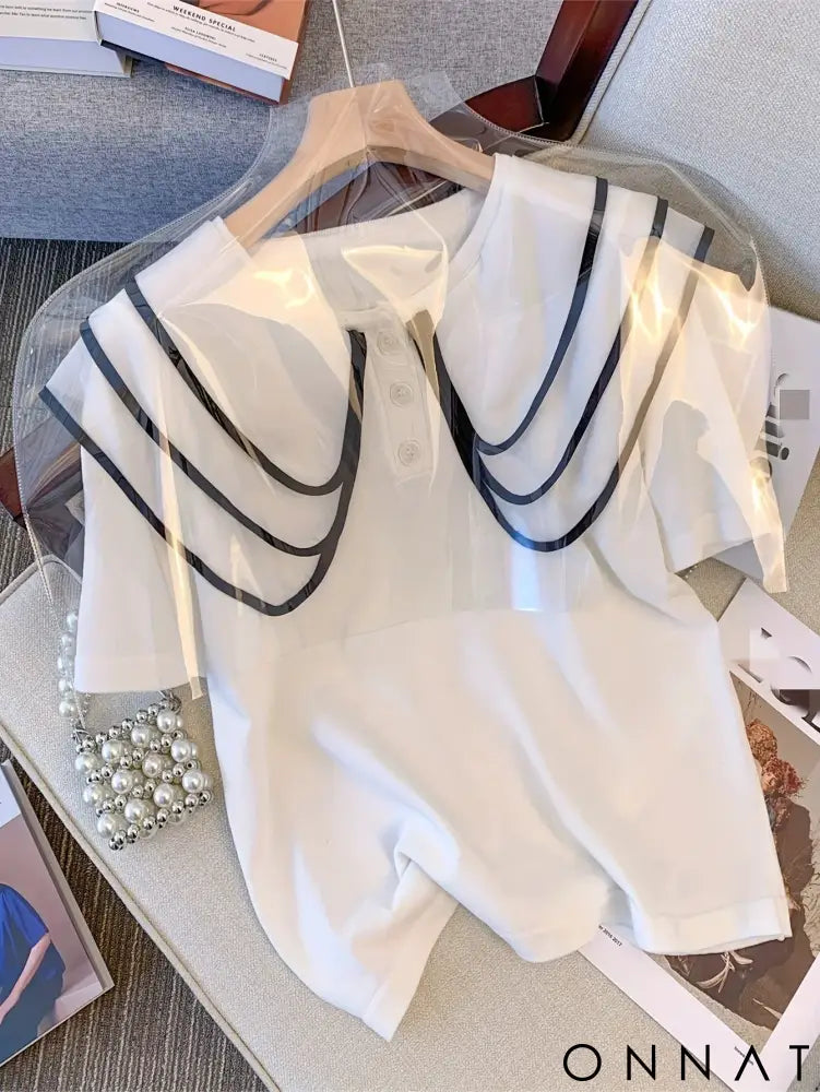 2024 New Striped Pattern Doll Collar Knitted Pullover Cute Short Sleeve Crew Neck Button Front Sweater Women’s Clothing