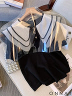 2024 New Striped Pattern Doll Collar Knitted Pullover Cute Short Sleeve Crew Neck Button Front Sweater Women’s Clothing