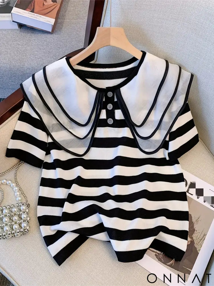 2024 New Striped Pattern Doll Collar Knitted Pullover Cute Short Sleeve Crew Neck Button Front Sweater Women’s Clothing