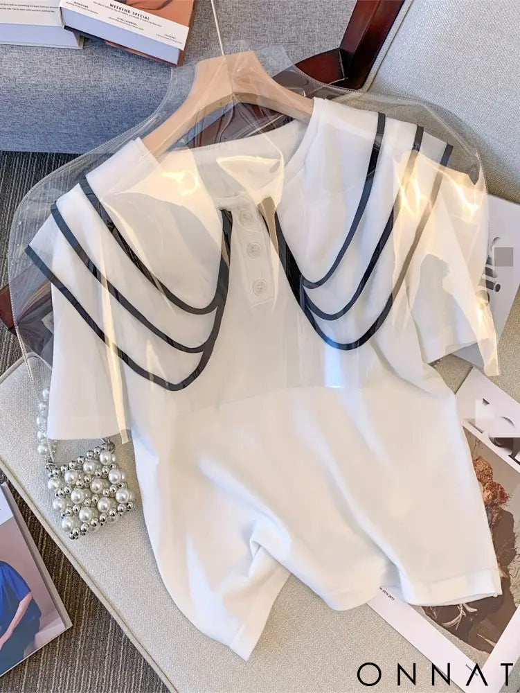 2024 New Striped Pattern Doll Collar Knitted Pullover Cute Short Sleeve Crew Neck Button Front Sweater Women’s Clothing