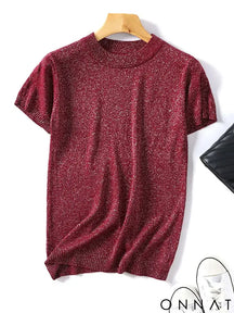Shiny Lurex 2024 Spring Summer O Neck Mix Color Patchwork Sweater Women Casual Short Sleeve Pullover Knit Jumper Korean