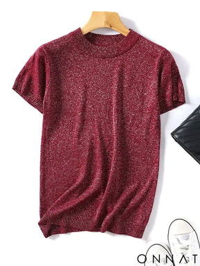 Shiny Lurex 2024 Spring Summer O Neck Mix Color Patchwork Sweater Women Casual Short Sleeve Pullover Knit Jumper Korean