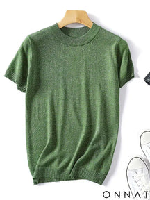 Shiny Lurex 2024 Spring Summer O Neck Mix Color Patchwork Sweater Women Casual Short Sleeve Pullover Knit Jumper Korean