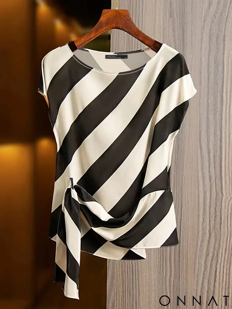 ZANZEA 2025 Korean Striped Printed Tops Fashion Short Sleeve Blouse Holiday Summer HolidayLoose Belted Tunic Casual