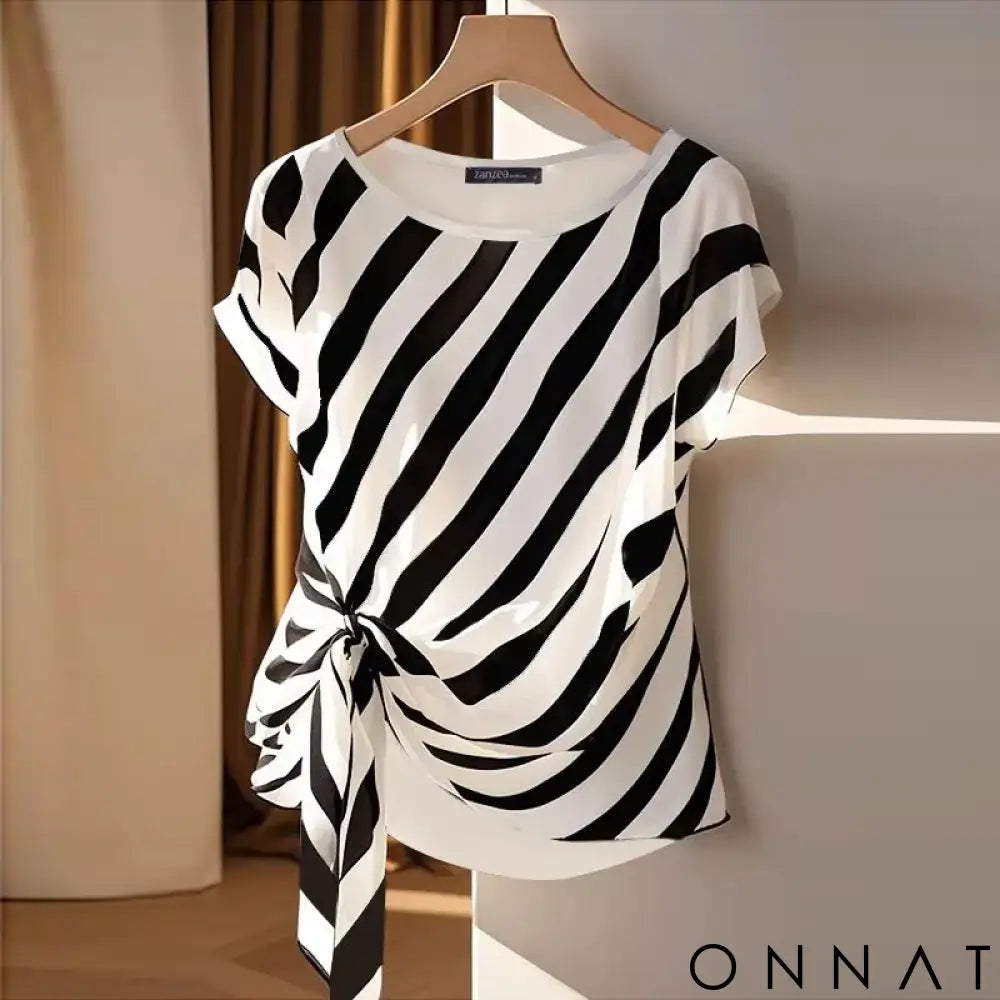 ZANZEA 2025 Korean Striped Printed Tops Fashion Short Sleeve Blouse Holiday Summer HolidayLoose Belted Tunic Casual