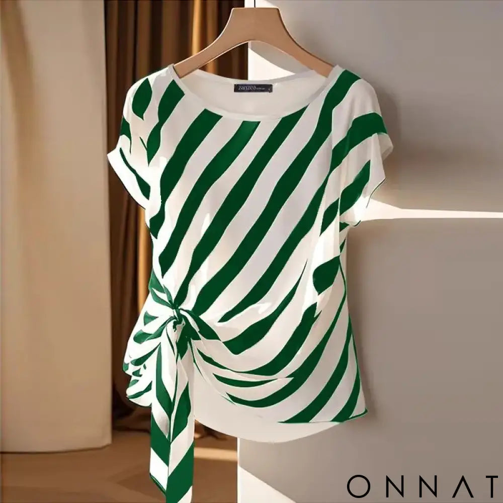 ZANZEA 2025 Korean Striped Printed Tops Fashion Short Sleeve Blouse Holiday Summer HolidayLoose Belted Tunic Casual